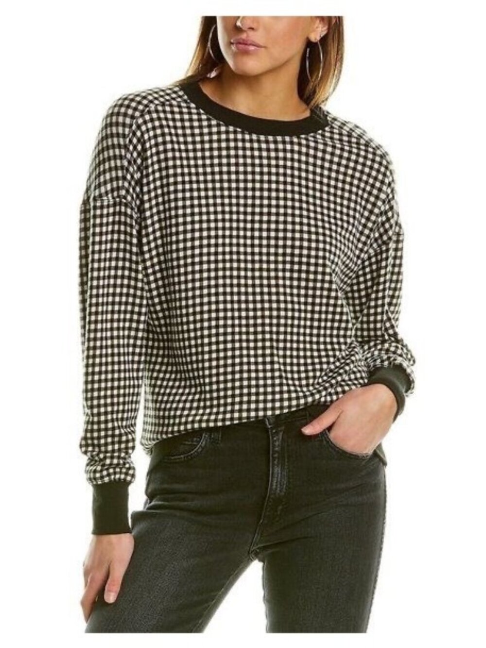 Alice Olivia Natalie Black White Gingham Boxy Sweater Sweatshirt Womens Sz Small